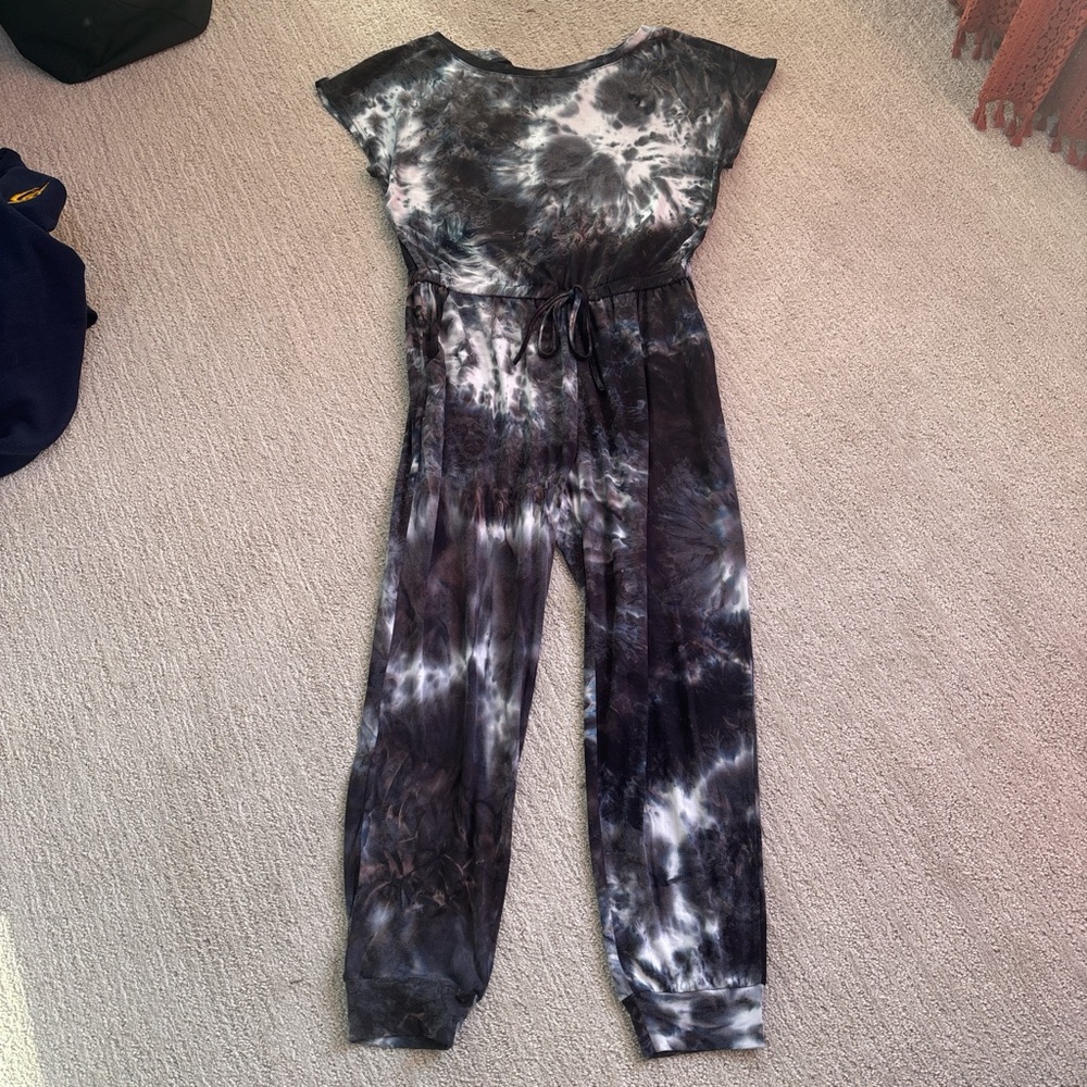 Tie die jumpsuit with front tie and pockets